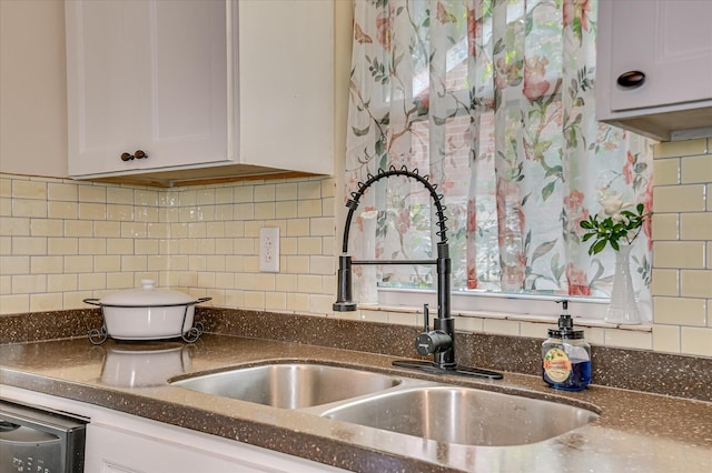 2010 Battle, Augusta, GA 30904 - kitchen with decorative backsplash, white cabinets, and dark stone countertops