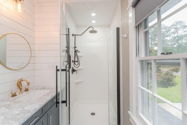 1 Partridge Ct, Aiken, SC 29803 - bathroom featuring a shower stall, vanity, and recessed lighting