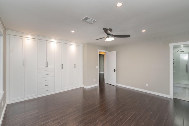 1 Partridge Ct, Aiken, SC 29803 - unfurnished bedroom featuring dark wood-type flooring, recessed lighting, ensuite bath, a closet, and ceiling fan