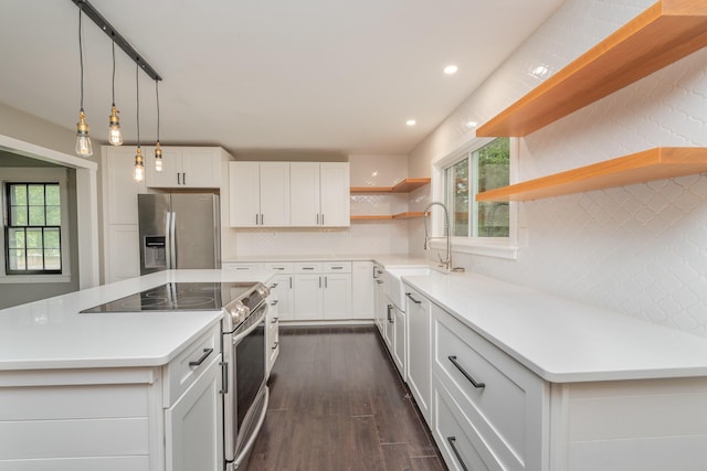 1 Partridge Ct, Aiken, SC 29803 - kitchen with appliances with stainless steel finishes, open shelves, dark wood-style floors, white cabinetry, and a center island