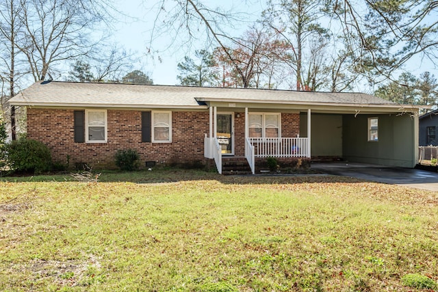 ranch-style home featuring a front lawn, concrete driveway, covered porch, and brick siding