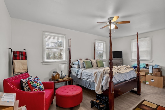 bedroom featuring hardwood / wood-style flooring, ceiling fan, and multiple windows