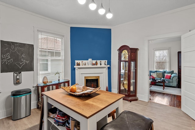 dining room with crown molding and light hardwood / wood-style floors