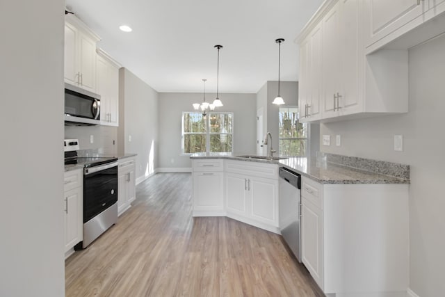 kitchen with white cabinetry, sink, kitchen peninsula, and appliances with stainless steel finishes