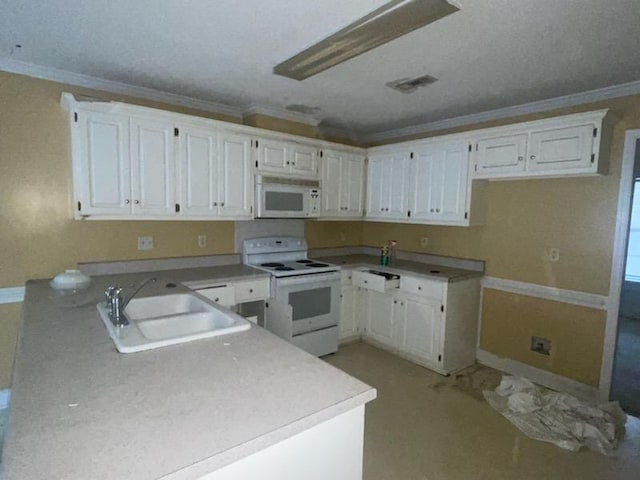 kitchen with white cabinetry, crown molding, white appliances, and sink