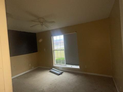 carpeted spare room with ceiling fan