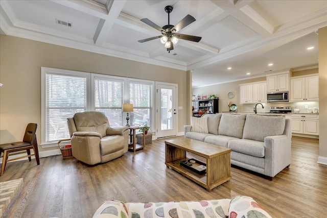 186 Tara Dr, Mccormick, SC 29835 - living room featuring visible vents, light wood-type flooring, and coffered ceiling