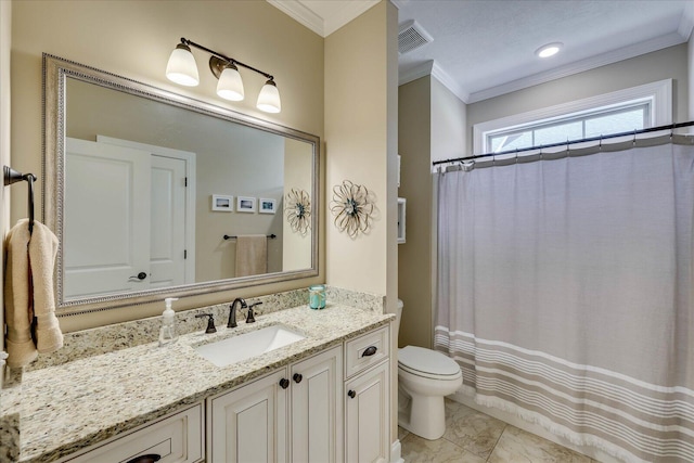 186 Tara Dr, Mccormick, SC 29835 - bathroom with toilet, crown molding, visible vents, marble finish floor, and vanity