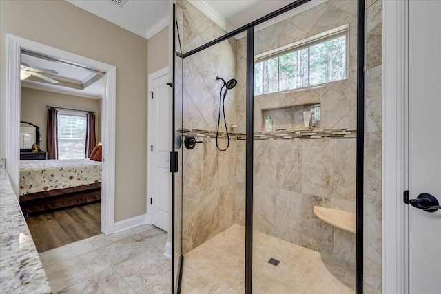 186 Tara Dr, Mccormick, SC 29835 - ensuite bathroom with a shower stall, a wealth of natural light, connected bathroom, and crown molding