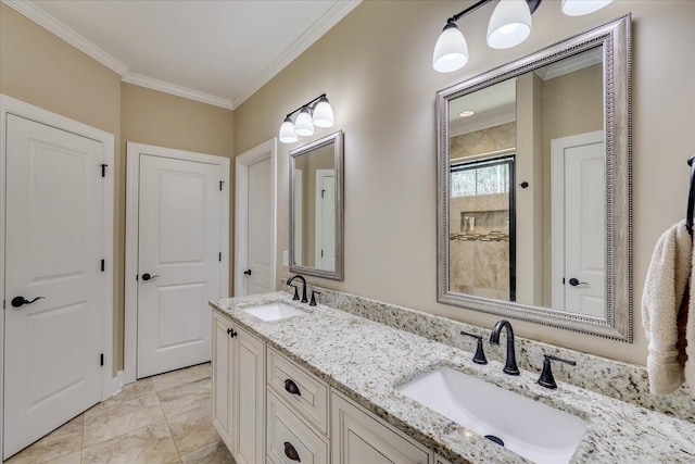186 Tara Dr, Mccormick, SC 29835 - full bathroom with marble finish floor, crown molding, a sink, and double vanity