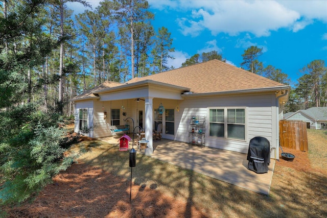 186 Tara Dr, Mccormick, SC 29835 - rear view of house featuring ceiling fan, a patio area, and roof with shingles
