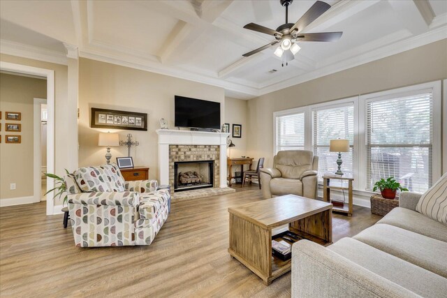 186 Tara Dr, Mccormick, SC 29835 - living room with a ceiling fan, coffered ceiling, a brick fireplace, baseboards, and light wood-style floors