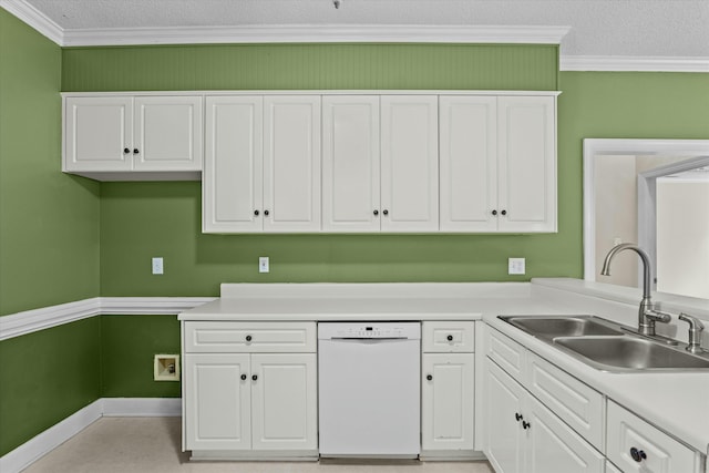 kitchen featuring a sink, white cabinetry, white dishwasher, and crown molding