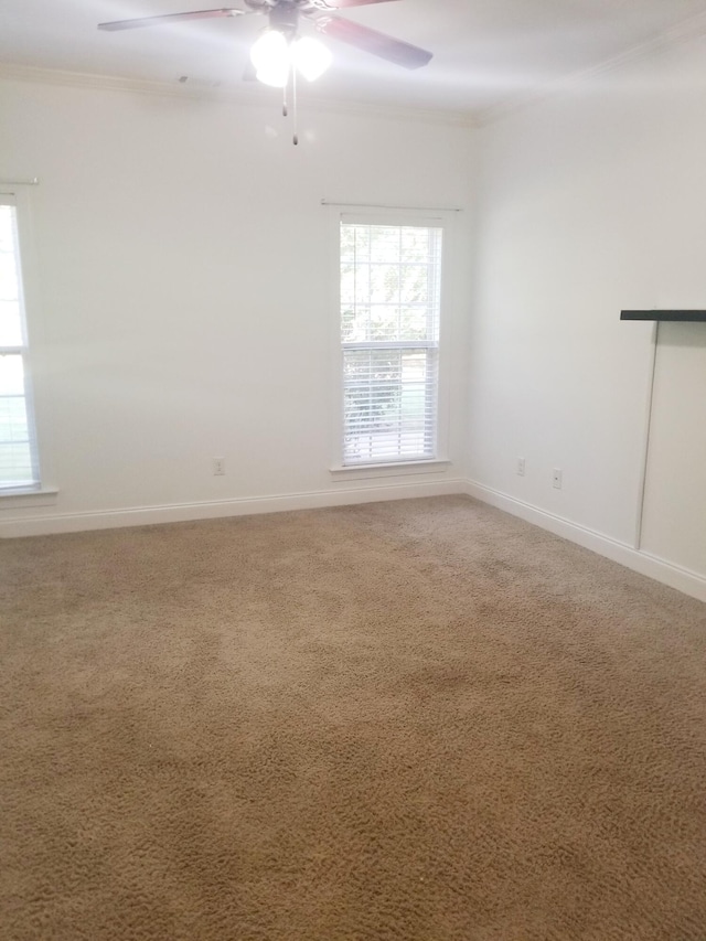 carpeted empty room featuring baseboards, ornamental molding, and a healthy amount of sunlight