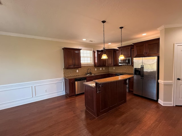 631 Dunrobin Ln, Grovetown, GA 30813 - kitchen featuring dark wood finished floors, tasteful backsplash, stainless steel appliances, and dark brown cabinets