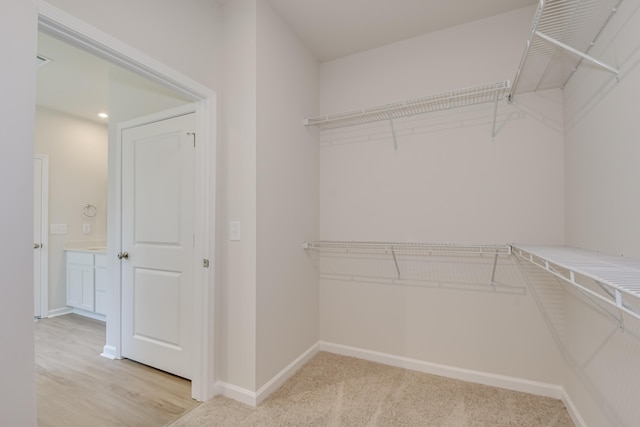 walk in closet with light colored carpet