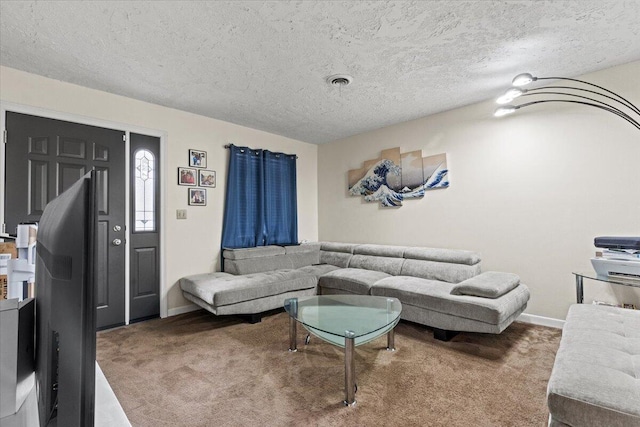 carpeted living room with a textured ceiling