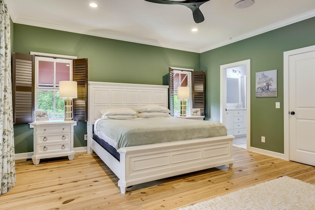 574 SW Newberry St, Aiken, SC 29801 - bedroom featuring crown molding, light wood-style floors, connected bathroom, recessed lighting, and ceiling fan