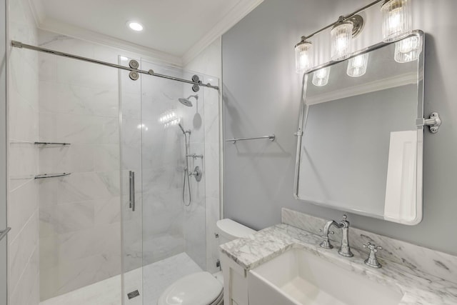 574 SW Newberry St, Aiken, SC 29801 - full bath featuring crown molding, a stall shower, vanity, and recessed lighting