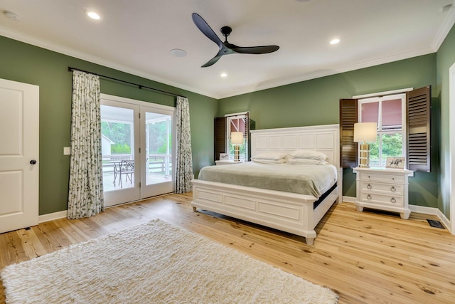 574 SW Newberry St, Aiken, SC 29801 - bedroom featuring ornamental molding, access to exterior, light wood-type flooring, recessed lighting, and a ceiling fan