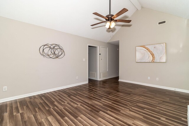 unfurnished room featuring dark hardwood / wood-style flooring, ceiling fan, high vaulted ceiling, and beamed ceiling