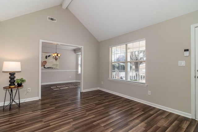 unfurnished living room featuring beam ceiling, high vaulted ceiling, an inviting chandelier, and dark hardwood / wood-style flooring