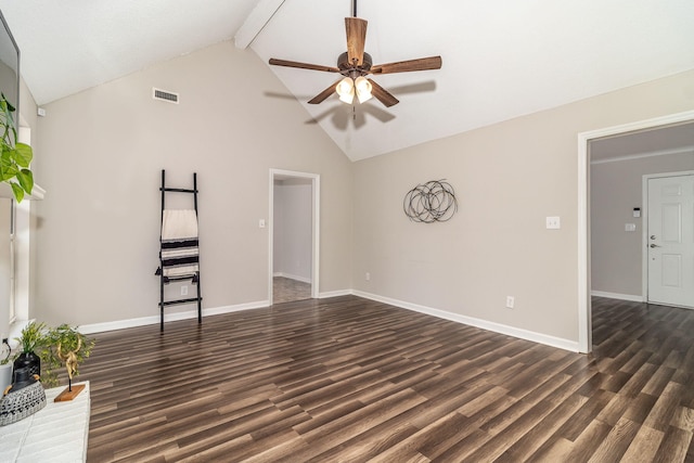 unfurnished living room featuring dark hardwood / wood-style flooring, beam ceiling, high vaulted ceiling, and ceiling fan