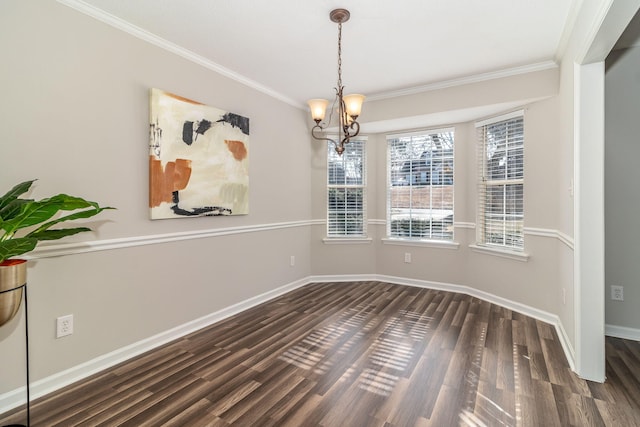 unfurnished dining area featuring a notable chandelier, crown molding, and dark hardwood / wood-style floors