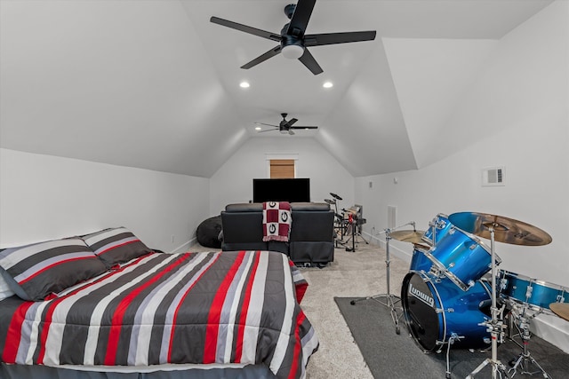 carpeted bedroom featuring visible vents, a ceiling fan, recessed lighting, baseboards, and vaulted ceiling