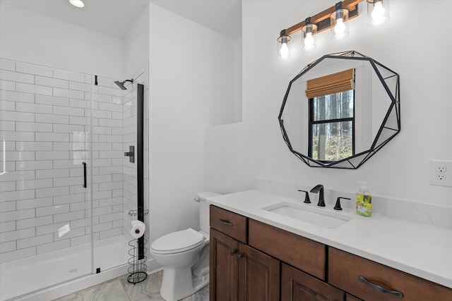 full bath featuring marble finish floor, a shower stall, toilet, and vanity