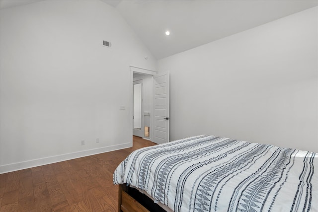 bedroom featuring visible vents, baseboards, recessed lighting, wood finished floors, and high vaulted ceiling