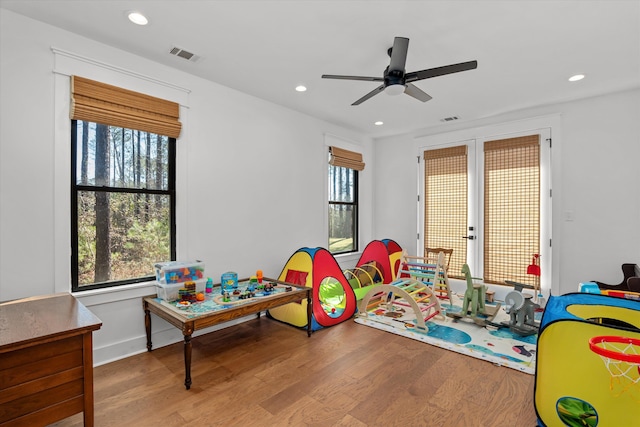 rec room with recessed lighting, a healthy amount of sunlight, and wood finished floors