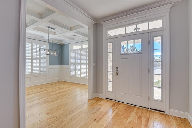 824 Brasstown Ct, Evans, GA 30809 - entryway featuring ornamental molding, wood finished floors, healthy amount of natural light, beamed ceiling, and a chandelier