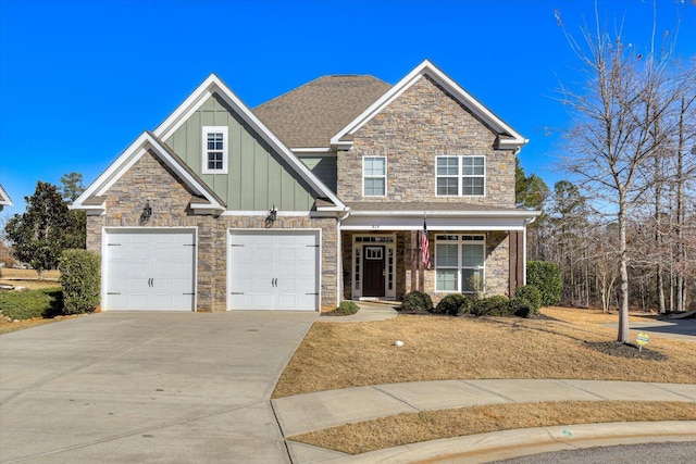 824 Brasstown Ct, Evans, GA 30809 - craftsman inspired home with board and batten siding, driveway, stone siding, a porch, and roof with shingles