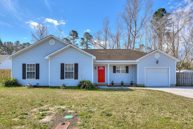 ranch-style home featuring a garage, a shingled roof, fence, concrete driveway, and a front lawn