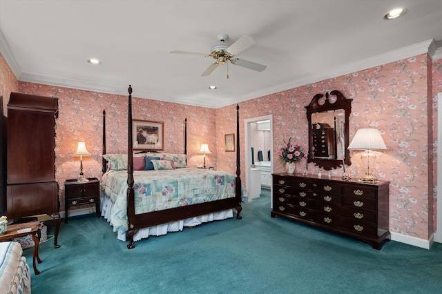 714 Jones Crk, Evans, GA 30809 - carpeted bedroom with ornamental molding, wallpapered walls, recessed lighting, ensuite bath, and a ceiling fan