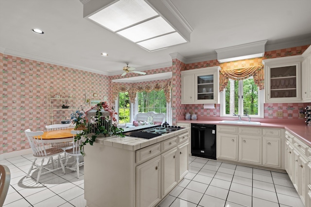 714 Jones Crk, Evans, GA 30809 - kitchen with black appliances, a sink, tile countertops, light tile patterned floors, and ornamental molding