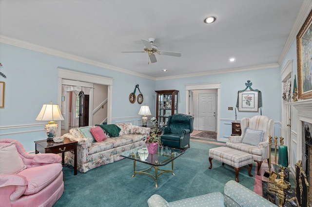 714 Jones Crk, Evans, GA 30809 - carpeted living room with wainscoting, ceiling fan, crown molding, recessed lighting, and stairs