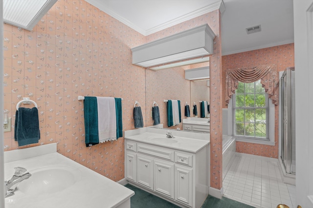 714 Jones Crk, Evans, GA 30809 - bathroom featuring wallpapered walls, crown molding, two vanities, a shower stall, and tile patterned flooring