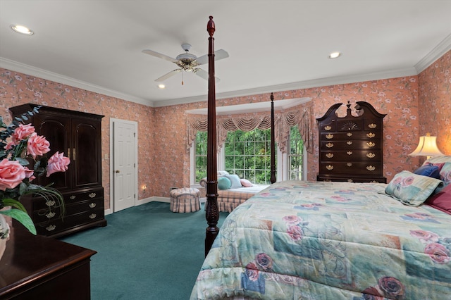 714 Jones Crk, Evans, GA 30809 - bedroom with carpet floors, wallpapered walls, ornamental molding, recessed lighting, and a ceiling fan