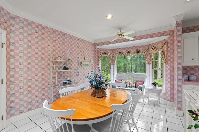 714 Jones Crk, Evans, GA 30809 - dining space with wallpapered walls, light tile patterned floors, baseboards, ceiling fan, and crown molding