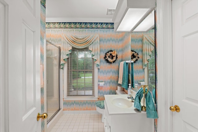 714 Jones Crk, Evans, GA 30809 - full bath featuring tile patterned floors, vanity, a shower stall, and crown molding