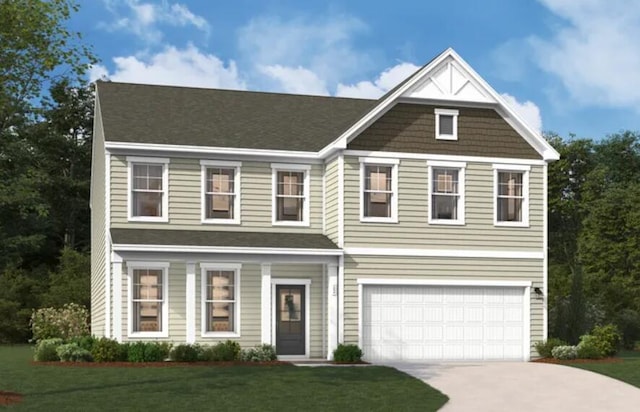 view of front of property featuring a garage, concrete driveway, and a front yard