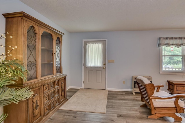 home office featuring dark hardwood / wood-style flooring, a textured ceiling, and heating unit