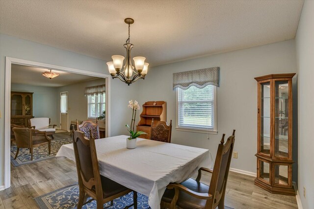 dining room featuring a notable chandelier, light wood-type flooring, and a textured ceiling