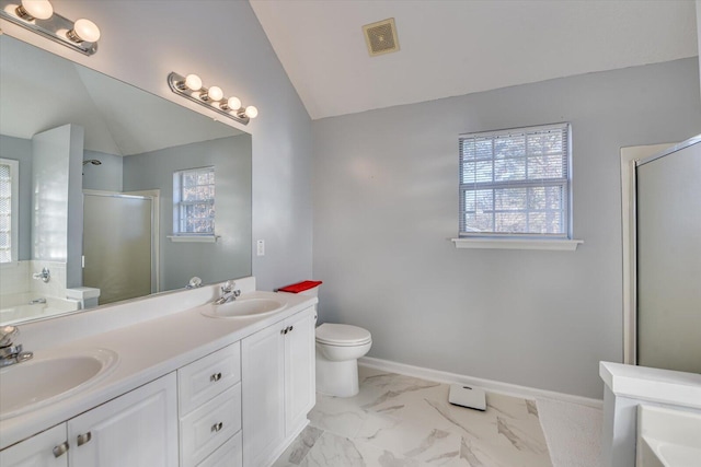 full bathroom featuring lofted ceiling, toilet, separate shower and tub, and vanity