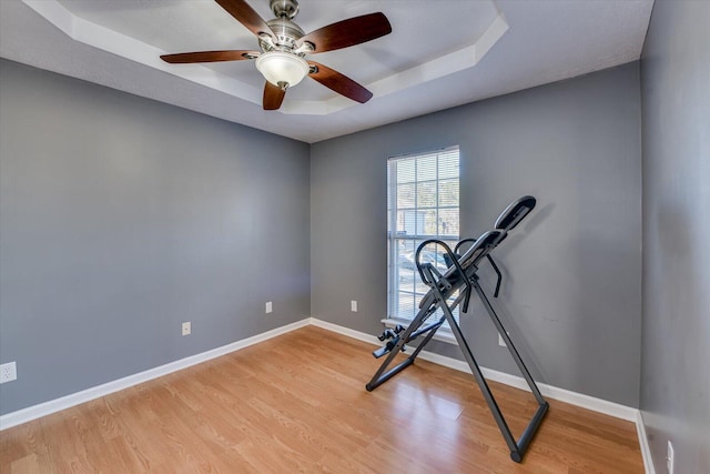 workout area featuring a tray ceiling, ceiling fan, and light wood-type flooring