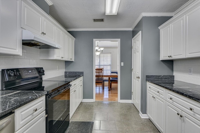 kitchen with dishwasher, white cabinetry, black electric range, and crown molding