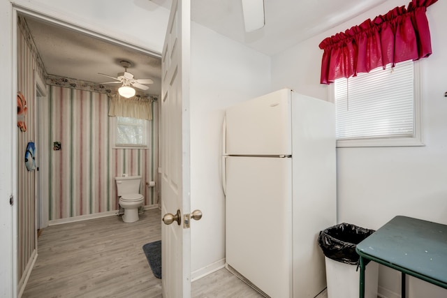 bathroom with wood-type flooring, ceiling fan, and toilet