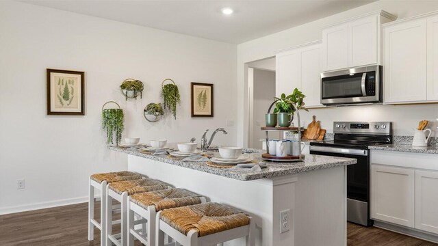1260 Birch Cir, Grovetown, GA 30813 - kitchen with appliances with stainless steel finishes, a breakfast bar, dark wood finished floors, light stone counters, and recessed lighting